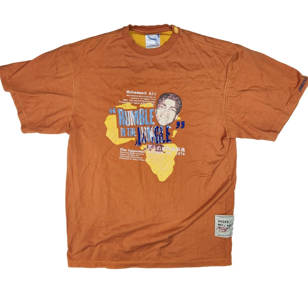 Vintage Platinum FUBU Muhammad Ali Rumble In The Jungle Shirt Orange Mens Large